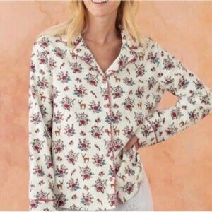 Sundance NEW Womens White Floral & Reindeer Collared Long Sleeve Pajama Top Sz S